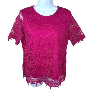 Small Philosophy Fuchsia Pink Lace Short Sleeve Blouse Top Lined Round Neckline